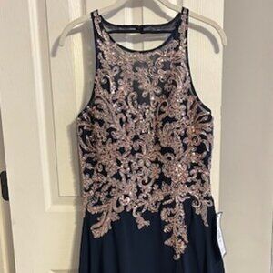 Betsy & Adam Cocktail Gown Navy & Rose Gold